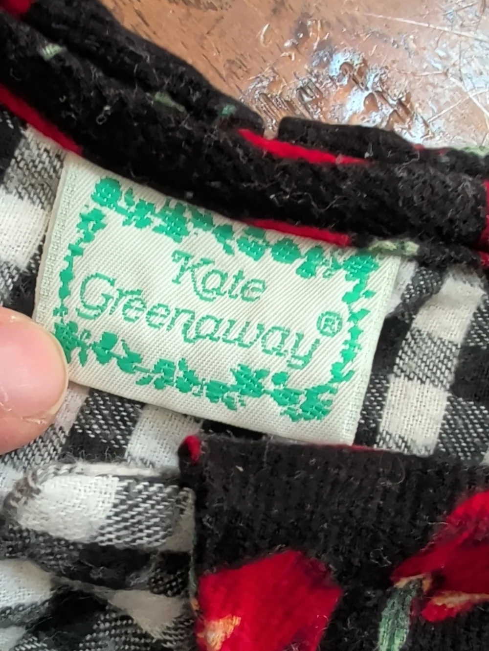 Kate Greenaway Vintage Flannel Black White Gingham Dress with Red Cherry Accents